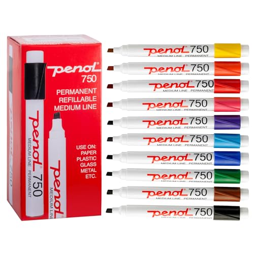 Penol Of Scandinavia 10 Pennarelli Permanenti In Colori Assortiti - Pennarello 750 Con Marchio Nordic Swan Ecolabel - Fusto In Plastica Con Cappuccio