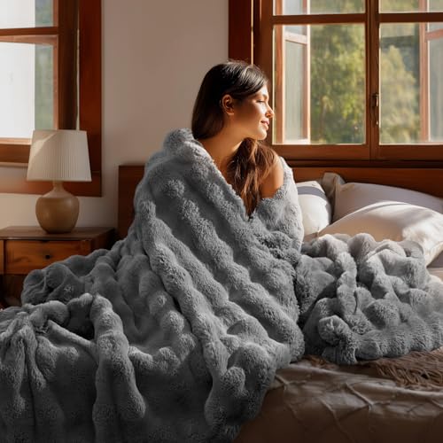 Image of BEDELITE Faux Fur Throw Bubble Blanket for Couch, 50 inch x 60 inch, Dark Grey | 870GSM Soft Cozy Plush Blanket for Sofa & Bed Living Room Decor, Warm Fuzzy Faux Rabbit Fur for Women Gift, All Season Use