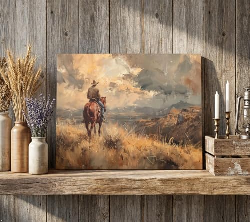 Image of WBNJXNZ Western Cowboy Riding Horse Canvas Wall Art Cowboy Wall Decor Pictures wilderness Landscape Painting Print Vintage Artwork for Living room bedroom country Home decoration 12x16in