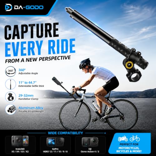 Image of Motorcycle & Bicycle Handlebar Mount with 44.7 inch Invisible Selfie Stick for Insta360 X5 /X4 /X3 /X2, GoPro & DJI Action Cameras, 360 Adjustable Aluminum Alloy Bracket