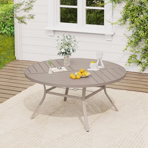 Image of VICLLAX 53 inch Round Outdoor Table, Patio Dining Table for 8 with Umbrella Hole for Garden Lawn Deck Backyard, Sandshell