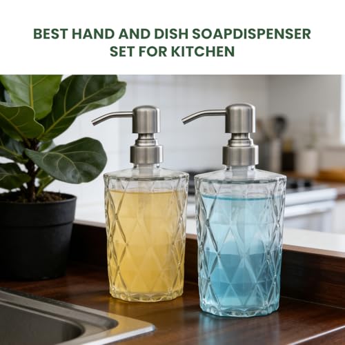 Image of 16 OZ Diamond Design Soap Dispense with 304 Rust Proof Stainless Steel Pump Glass Soap Dispenser Kitchen Soap Dispenser Bathroom