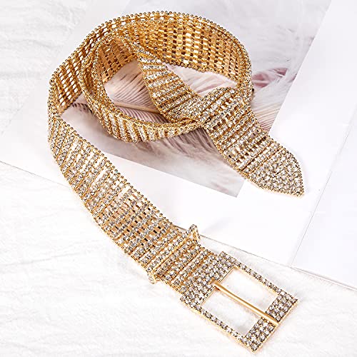 Image of Dubulle Womens Shiny Rhinestone Fashion Gold Belt Wedding Dress Crystal Party Wide Chain Jeans Fashion Diamond Waistband