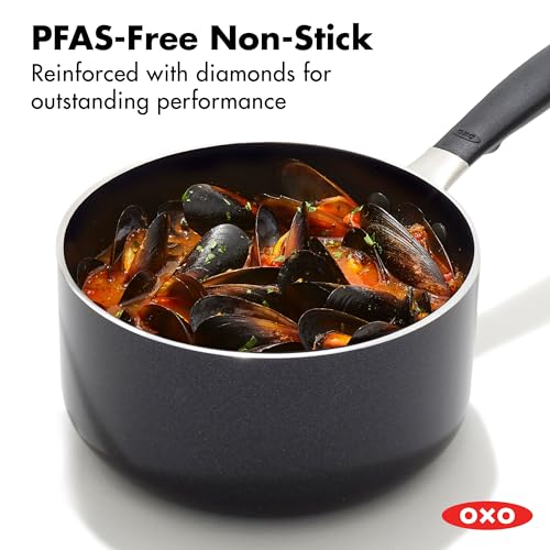 Image of OXO 1.6QT Non-Stick Every Day Sauce Pan with Glass Lid, BPA-Free Comfort Grip Silicone Handle, Dishwasher & Oven Safe, PFAS-Free Ceramic Skillets, Sauce & Soup Chef Pot, Drip-Free, Black