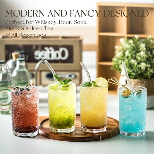 KEMORELA Hobnail Beaded Glass Cups with Straws - Old Fashioned Glasses for Whiskey, Cocktails, and Mixology - Bubble Glassware, Dishwasher Safe, Elegant Home Bar Accessory (4)
