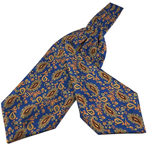 Elfeves Men's Blue Orange Floral 100% Silk Cravat Ties Jacquard Woven Ascot
