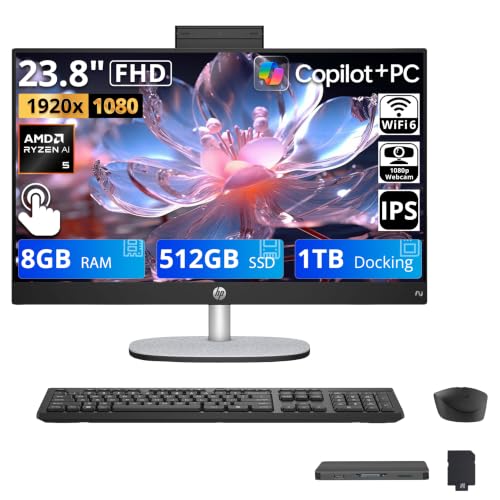 Image of HP 23.8 inch FHD Touchscreen All-in-One Desktop AI PC, AMD Ryzen AI 5 340, 8GB DDR5, 1.5TB Storage (512GB SSD+1TB Docking Station), FHD IR Camera, Wi-Fi 6, Wireless Keyboard & Mouse, Win 11, Black