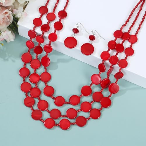 Multi layered Chunky Beaded Necklaces for Women Boho Colorful Shell Strand Statement Necklaces With Earrings Set Fashion Costume Jewelry Gifts4