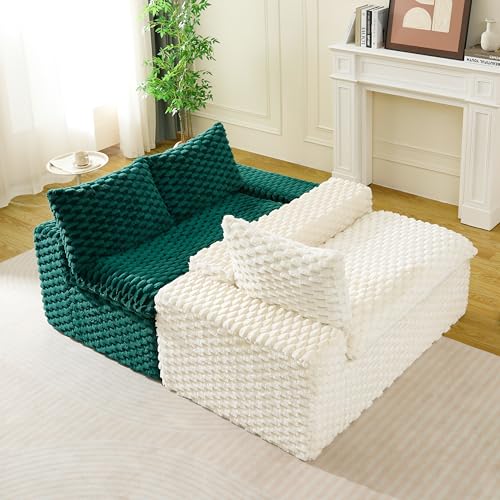 Image of KEIKI 120 inch Modular Boneless Couch Full Chaise for Bedroom, 4-Seater Sectional Couches for Living Room Furniture, Deep Seat Soft Lounge Sofa Bed for Small Space Apartment Pet Friendly, White Green
