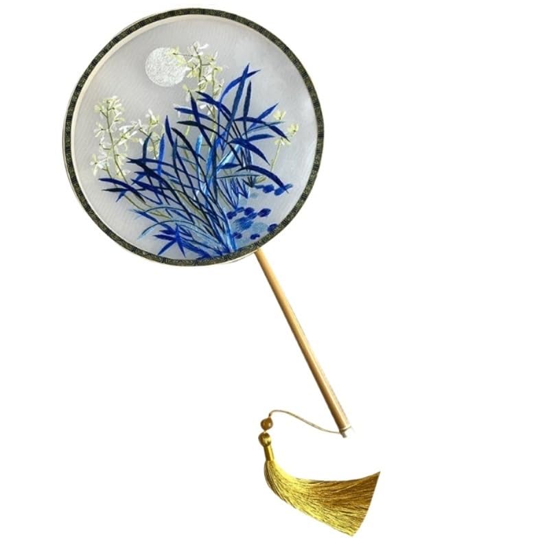 Chinese Embroidery Orchid Round Fan Handmade Handle Palace with Golden Tassel