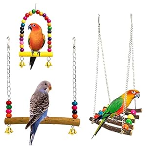 3Pcs Bird Parrot Toys Swing Hanging, Bird Cage Accessories Toy Perch Ladder Chewing Toys Hammock for Parakeets,Cockatiels,Lovebirds,Conures,Budgie,Macaws,Lovebirds,Finches and Other Small Pets