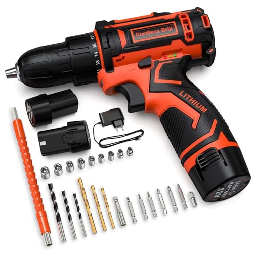 VirtuDrill Taladro atornillador con batería de 12 V, destornillador a batería, 2 baterías de 2,0 Ah, máx. 25 Nm, 2 velocidades, 25 + 1 ajuste de par, luz LED, 24 accesorios y maleta, 10 mm portabrocas
