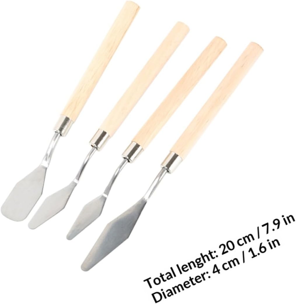 WOONEKY 4 Pcs Palette Knives and Paint Scrapers Set with Wooden Handles for Oil Painting and Lipstick Mixing, Art Painting Supplies for Artists and DIY Makeup Crafting