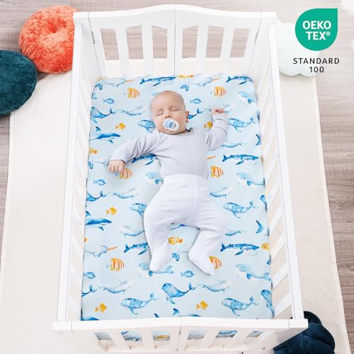 Image of david's kids 3 Pack Mini Crib Sheets, Soft Breathable Premium Pack N Play Sheets for Baby Boys Girls Neutral, Playard and Mini Crib Mattresses, Whale