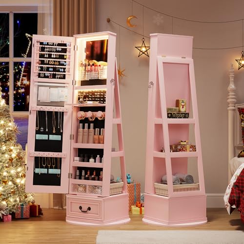 360Swivel-jewelry-organizer-with-Full-Length-Mirror-with-LightsJewelry-Armoire-Cabinet-Standing-with-DrawersLarge-Mirror-Storage-for-Jewelry-and-MakeupBest-Gift-for-MomWife-GirlsPink