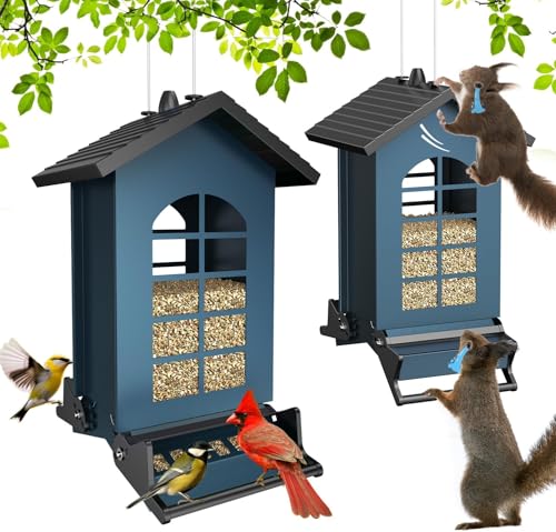 2025 Squirrel Proof Bird Feeder for Outdoors Hanging, 8LBS Metal Hanging Bird Feeder with Bilateral Weight-Activated Perches, Large Capacity Wild Bird Feeder - Squirrel Chewing Proof（Blue）