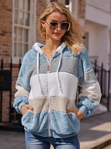 Fleecejacke Hoodie Damen Kapuzenpullover Teddy-Fleece Warm Herbst Wintermantel Stilvoller ReißVerschluss Fellmantel PlüSchjacke Mit Taschen (Blau, L)