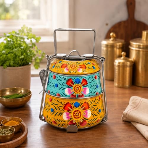 Image of iHandikart Handpainted Decorative Lunch Box Tiffin | Multiple Tier Stainless Steel Food Box | Designer Indian Print Tiffin for School | Diwali Gift, Navratri Gift (Color - Multicolor)