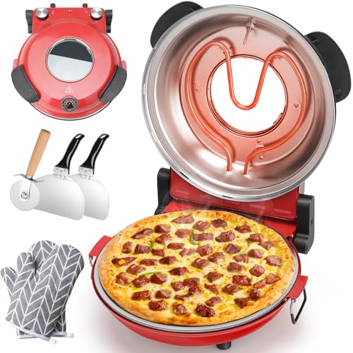 Image of KEENSTAR Electric Pizza Oven Indoor with Glazed Ceramic Stone, 12-Inch Portable Countertop Pizza Maker with Adjustable Timer, 1200W Heat up to 800F Pizza Maker with Viewing Window for Home DIY Pizza