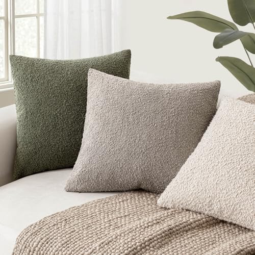 Image of Foindtower Set of 2, Decorative Textured Boucle Throw Pillow Covers Accent Solid Pillow Cases Neutral Soft Cozy Couch Cushion Case for Chair Sofa Bedroom Living Room Home Decor 24x24 Inch Light Taupe