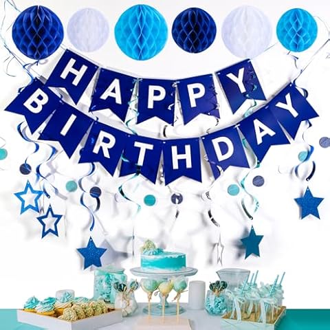 Happy Birthday Banner Blue, 6 Honeycomb Balls, 8 Metallic Hanging Swirls and Circle Parper Garland, Happy Birthday Decorations Backdrop Cover