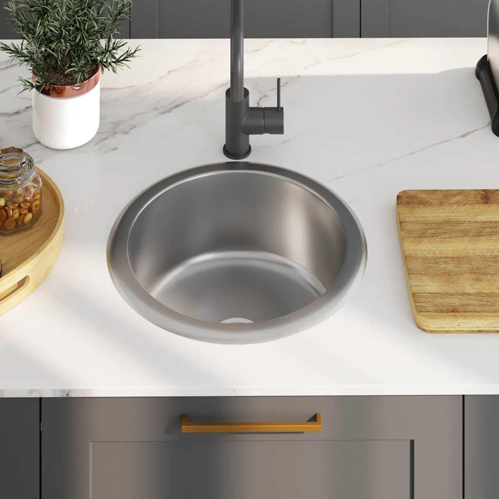 Fregadero empotrable de acero inoxidable con sifón y sifón, fregadero redondo de 42 x 16 cm, resistente a los arañazos, con desagüe y rebosadero, ideal para cocina, lavadero, exterior y