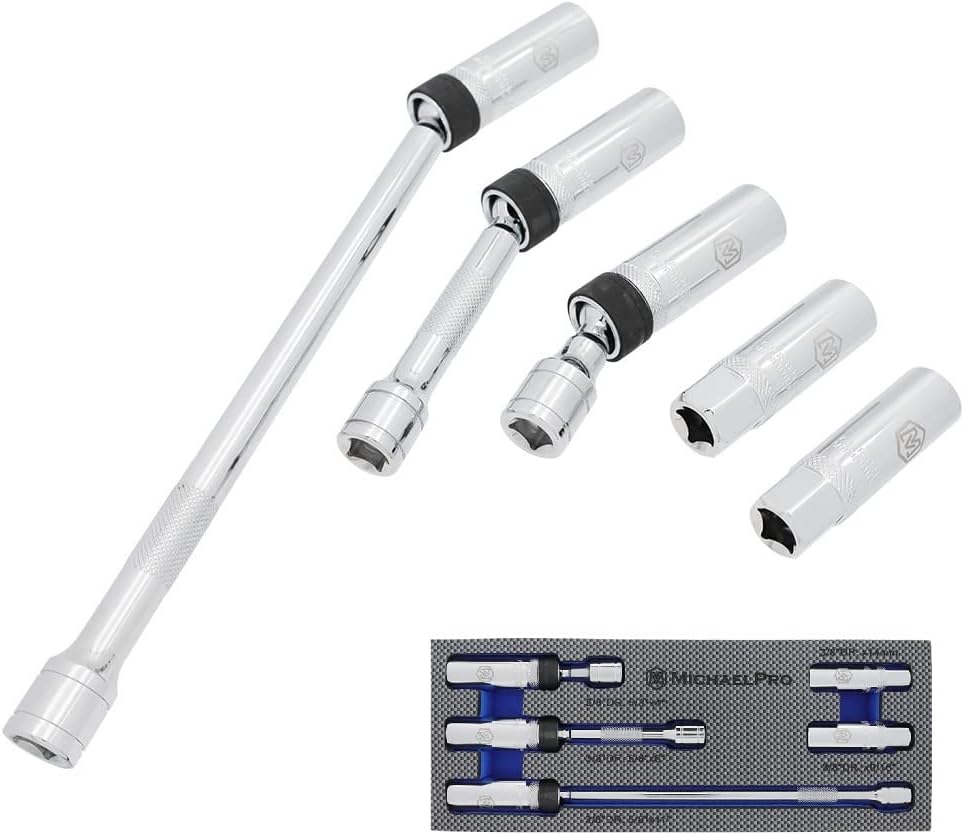 MichaelPro 5Pc 3/8inch Drive Swivel Spark Plug Socket Set