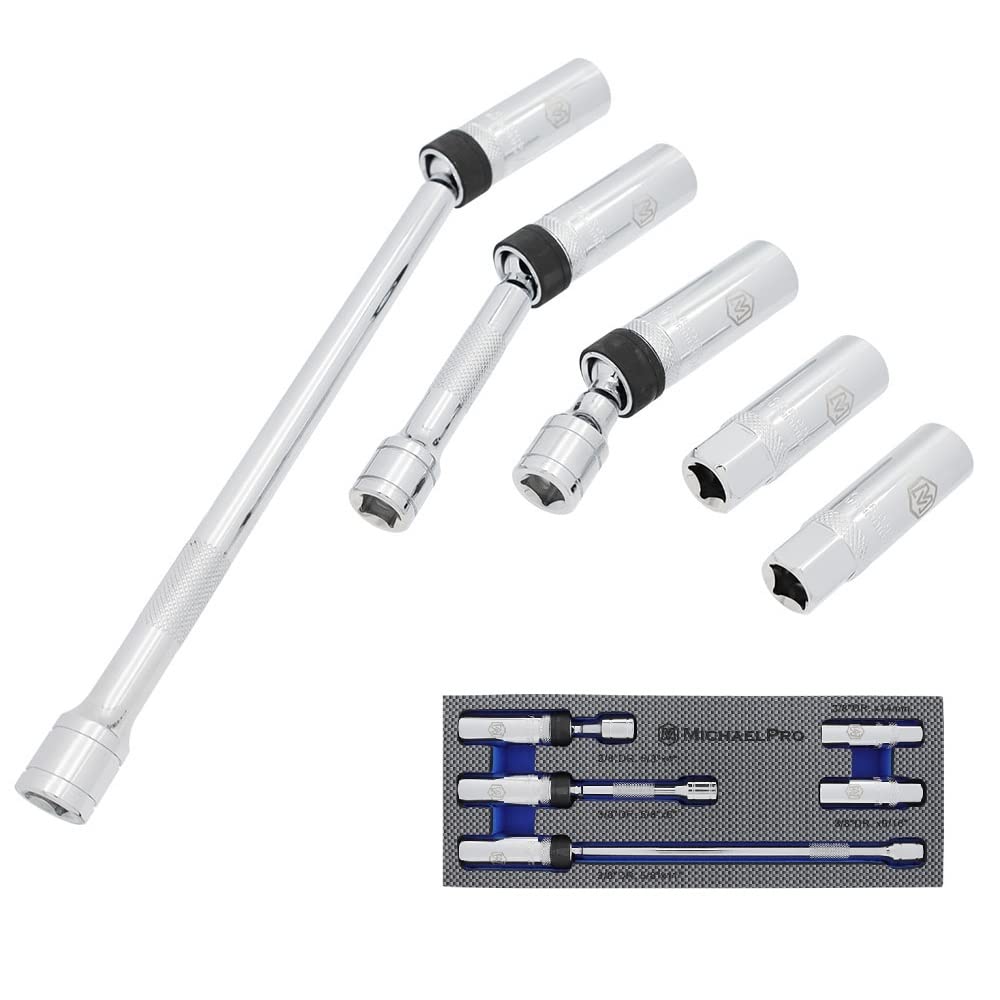 MichaelPro 5Pc 3/8-inch Drive Magnetic Swivel Spark Plug Socket Set, Extra Reach to Confined Areas, 14mm, 9/16-inch