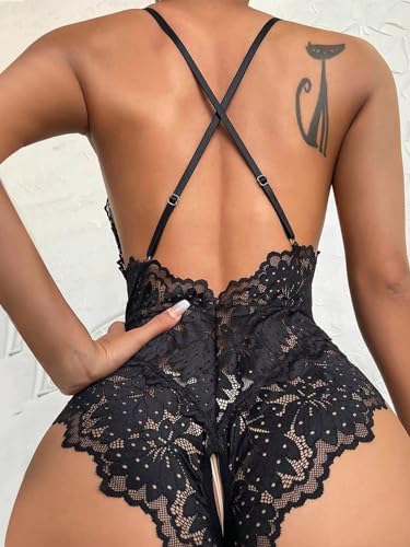 Image of SOLY HUX Women's One Piece Lingerie Sexy Lace Babydoll Deep V Teddy Criss Cross Backless Teddy Mini Bodysuit
