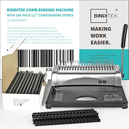 Binditek Comb Binding Machine, 21-Hole, 450 Sheet, Comb Punch Binder Machine With Starter Kit 100 Pcs 1/2" Binding Combs, Comb Binder Machine For Letter Size, A4, A5 Or Smaller Sizes #TOP6