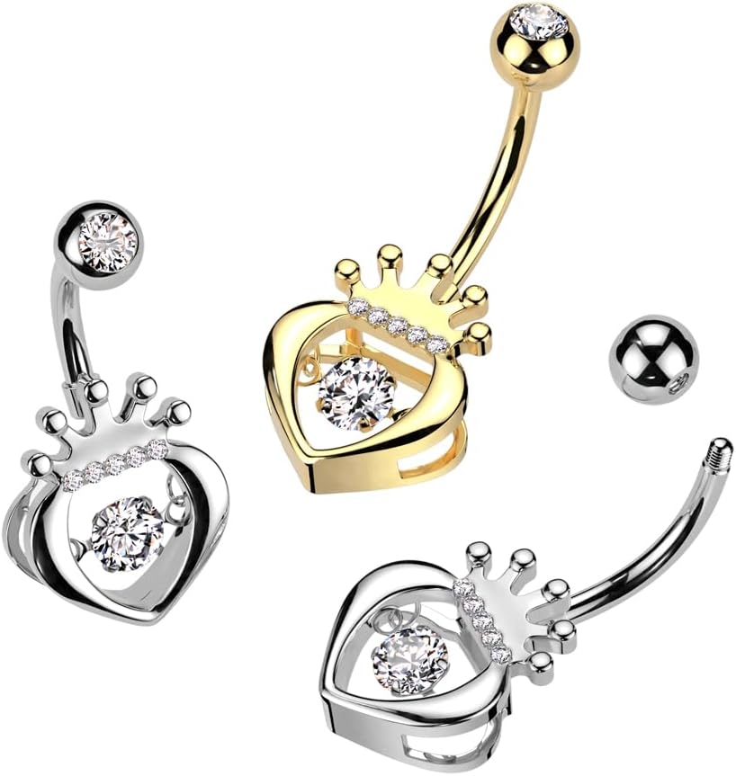 Pierced Owl 14GA 316L Stainless Steel CZ Crystal Hollow Heart with Crown Belly Button Ring - Image 3