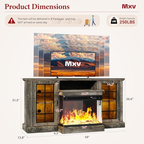 Image of MXV 59'' Fireplace TV Stand, Farmhouse Entertainment Center with 3 Sided Glass TV Stand, Modern Media Console Table with Storage Drawers & Cabinets with LED Flame and Lights for Living Room, Gray