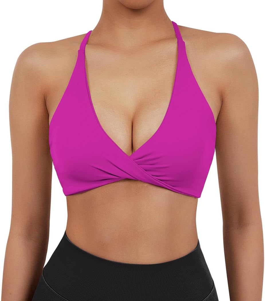SUUKSESS Women 2 Piece Open Back Strappy Sports Bra Pack Twist V Neck Workout Crops - Image 4