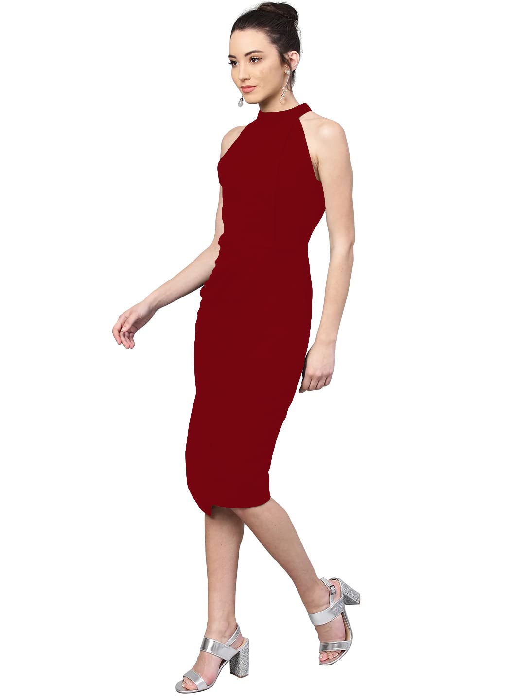 Shasmi Women's Comfortable Maroon Halter Neck Sleeveless Solid Midi Bodycon Casual Western Stylish Dress For Womens/Midi Dress For Girls (Shree Midi 14 Maroon Xl)