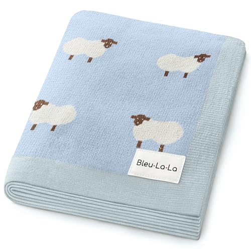 Image of Bleu La La Knit Baby Swaddle Blanket for Boys - 100% Cotton Soft Cozy Lightweight Receiving Swaddling Stroller Quilt Blanket for Newborns Infants Toddlers (Sheep - Baby Blue)