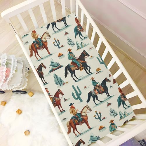 Image of Vintage Western Cowboy Crib Sheets Soft Breathable Fitted Baby Crib Sheets Mattress Cover for Girls Boys, 52 inch x 28 inch x 9 inch