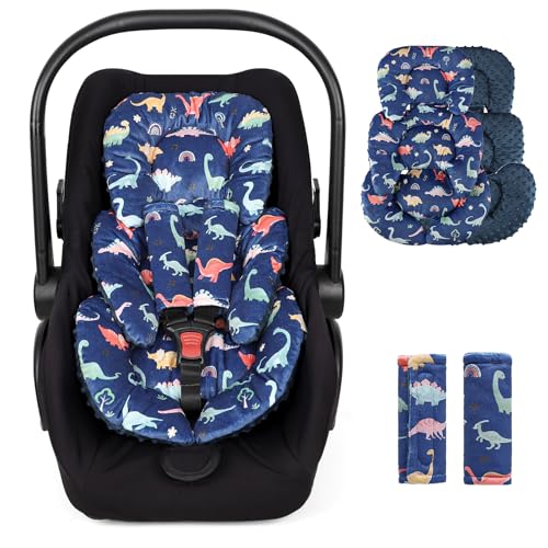 Image of Infant Car Seat Insert Cushion, Super Soft Baby Car Seat Head Support & 2 Straps Pads, Reversible Preemie Newborn Carseat Insert, Fit Car Seat, Stroller, Infant Bouncer, Blue Dinosaur