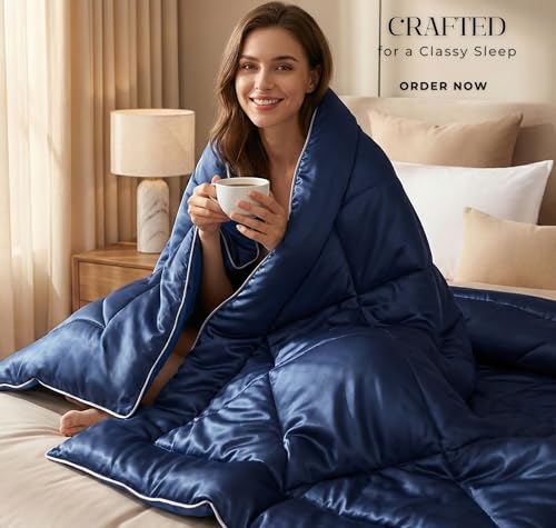 Image of SANMARINO 280 GSM Satin Silk AC Comforter for Single Bed (60 x 90 inches /152 x 228 cm), All Season Solid Reversible Blanket | Ultra Soft Lightweight Breathable Quilt, Glossy Finish - Royal Navy Blue