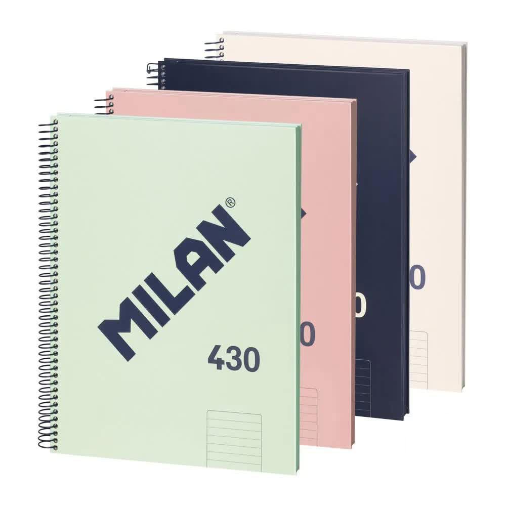 MILAN® Pack 4 cuadernos A4 con tapa dura, papel a líneas (7 mm), 80 hojas de 95 gr/m², colección goma 430