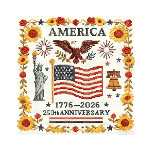 FFKAQI 250th Anniversary Cross Stitch Kit Patriotic Embroidery Kit with 1776-2026 Flag Pattern Stamped Cross Stitch Kits for Beginners Printed Cross Stitch Kit for Adults Veterans (1 Pack)