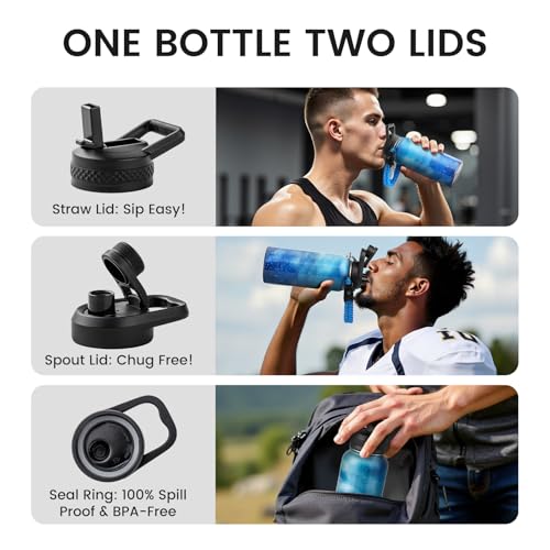 Image of RAYMYLO Insulated Water Bottle 32 oz, Triple Wall Vacuum Stainless Steel (Cold for 24Hrs, Hot for 12Hrs), Leak Proof & Non-BPA, Modern Water Flask Jug with Paracord Handle & Straw Spout Lids