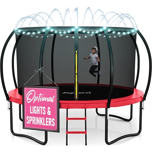 Image of JoyBerri Upsurge Trampoline Outdoor - ASTM Certified Safe 8Ft 10Ft 12Ft 14Ft 15Ft 16Ft Recreational Trampoline for Kids and Adults. Anti-Rust Coating with Enclosure Net, Ladder, Sprinkler & LED Lights