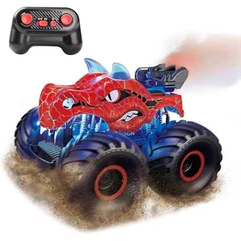 Threeking 1:18 Dinosaur RC Car Remote Control Cars Trucks Toy 4WD Off-Road Car Toys with Lights Spray Suitable for All Terrain Gifts Presents for Boys/Girls Ages 6+ Red Cover