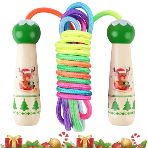 Kalolary Noël Corde à Sauter Enfant, 8,5ft / 2,6m Réglable Corde à Sauter arc-en-ciel pour Enfants, avec Poignées en Bois pour Garçon Fille Fitness...