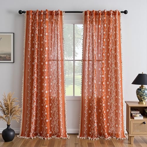 Image of MYSKY HOME Terracotta Boho Floral Linen Curtains 96 Inch Length for Bedroom