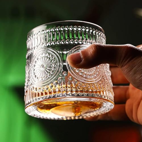 Image of Spinny Whiskey Glasses Set | Rotatable Heavy Base Tumbler Crystal Glass Cups, Glasses with Creative Coasters | Perfect for Scotch, Bourbon, Juice, Water, Cocktails (150 ml - Design C with Coaster)