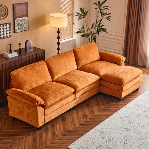 Karl home Sectional Sofa Modular Deep Seat Sofa Couch with Ottoman, Chenille Sofa Sleeper Comfy Upholstered Furniture for Living Room, Apartment, Studio, Office, (3-Seat & 1-Ottoman, Orange)