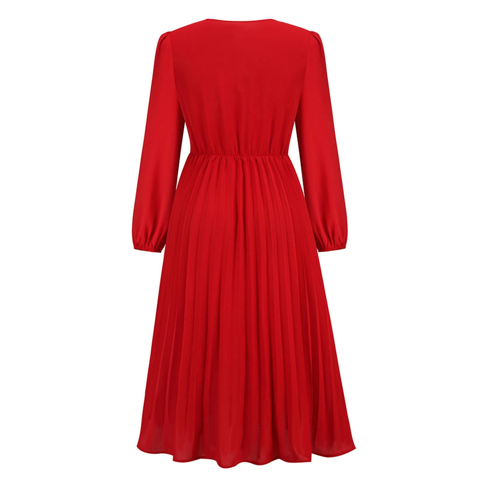Vestidos para Mujer, Vestidos para Mujer, Manga Larga, Corte Ajustado, Cuello en V, Vestido Plisado, Falda Larga de Color sólido, Falda Acampanada para Fiesta