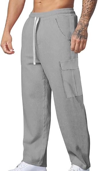Mens Spring/Autumn Corduroy Loose Wide Leg Straight Leg Pants Solid Colors Elastic Waist Drawstring Pants