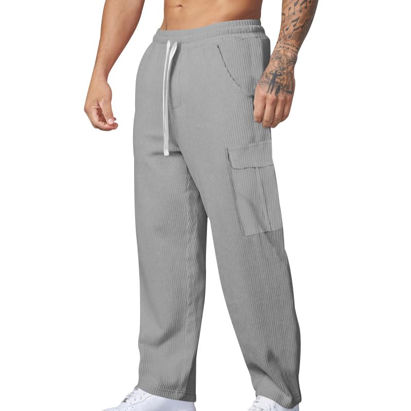 Men's Casual Cargo Drawstring Pants Elacstic Waist Solid Color Trousers with Pockets Straight Leg Trendy Outfits Fashion Loose Fit Relaxed Sweatpants Grey S